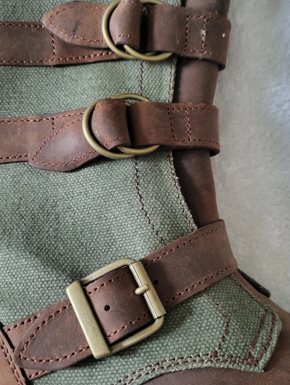 Brown Leather and Olive Canvas Buckle Boots
